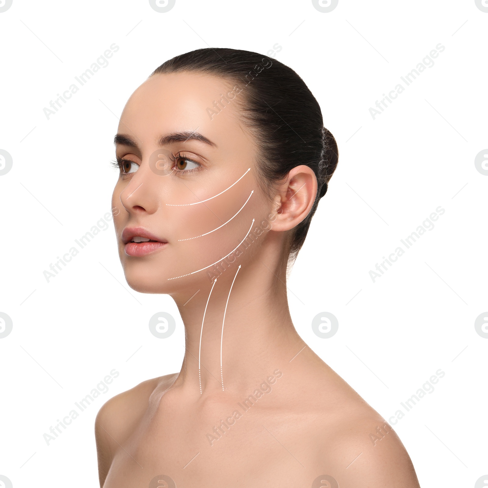 Image of Attractive woman with perfect skin after cosmetic treatment on white background. Lifting arrows on her face