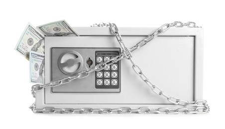 Photo of Steel safe with money and chain isolated on white