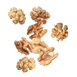 Image of Halves of walnuts falling on white background 