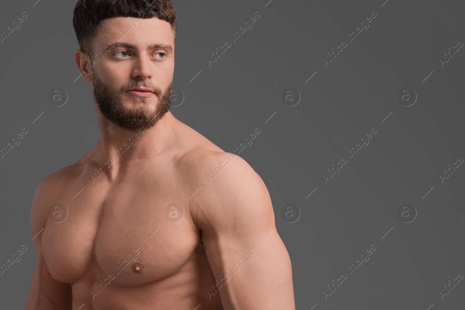 Photo of Handsome muscular man on grey background, space for text. Sexy body