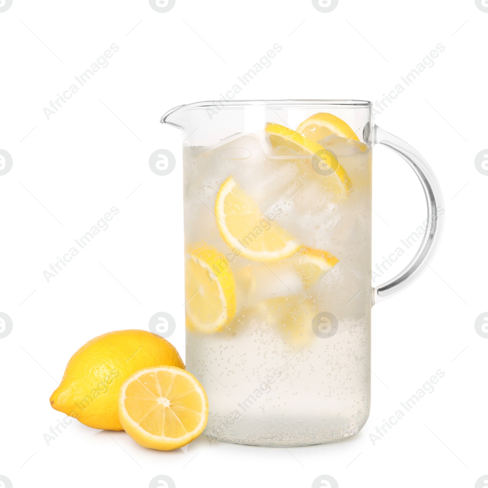 Photo of Freshly made lemonade in jug isolated on white