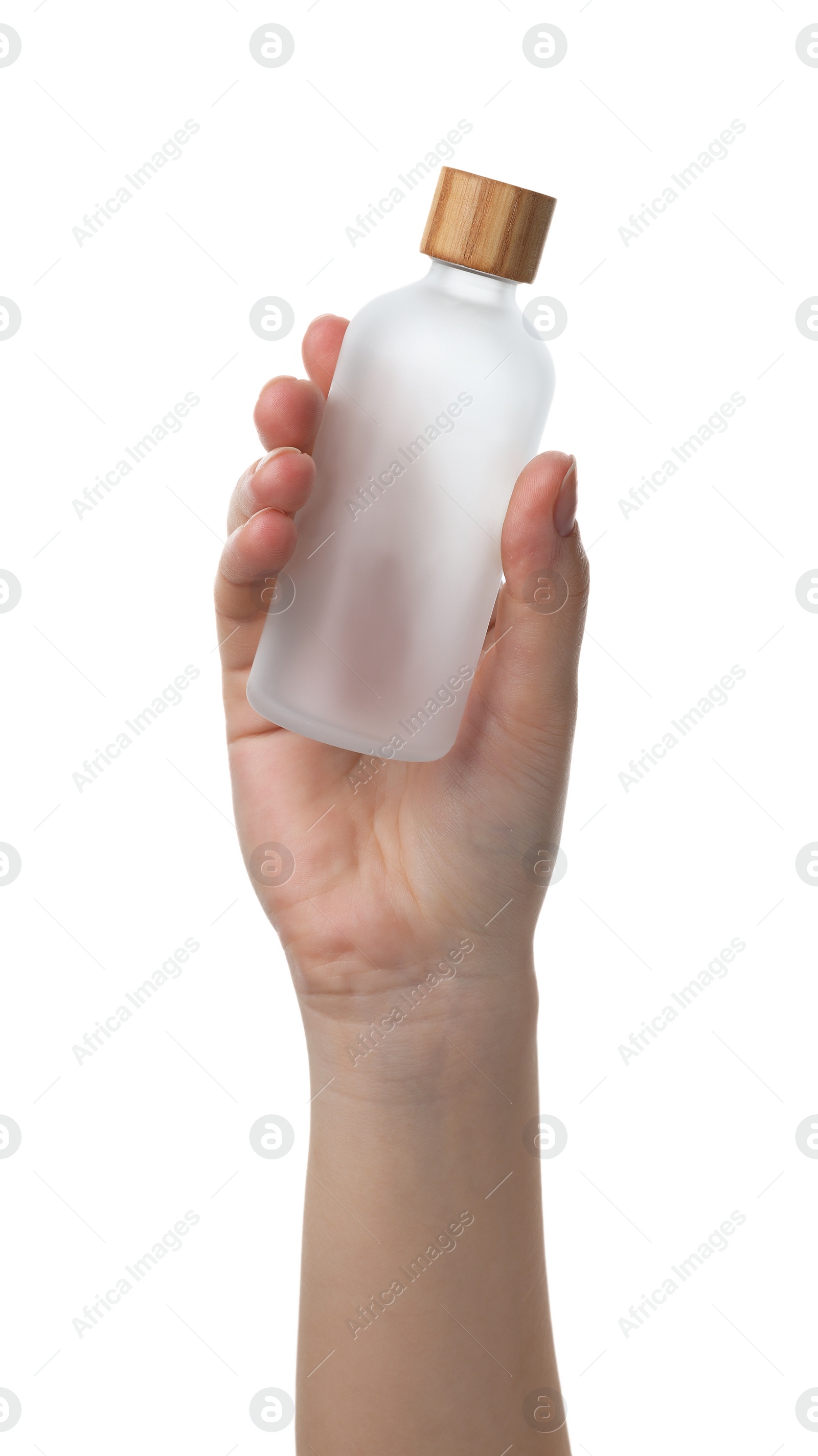 Photo of Woman holding empty bottle isolated on white, closeup