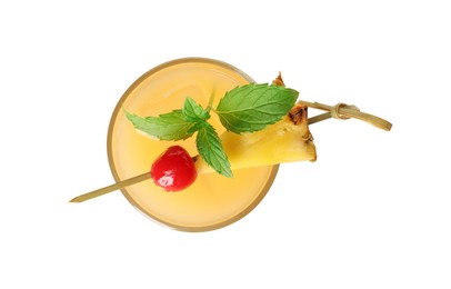 Photo of Glass of tasty pineapple cocktail with mint and cherry isolated on white, top view