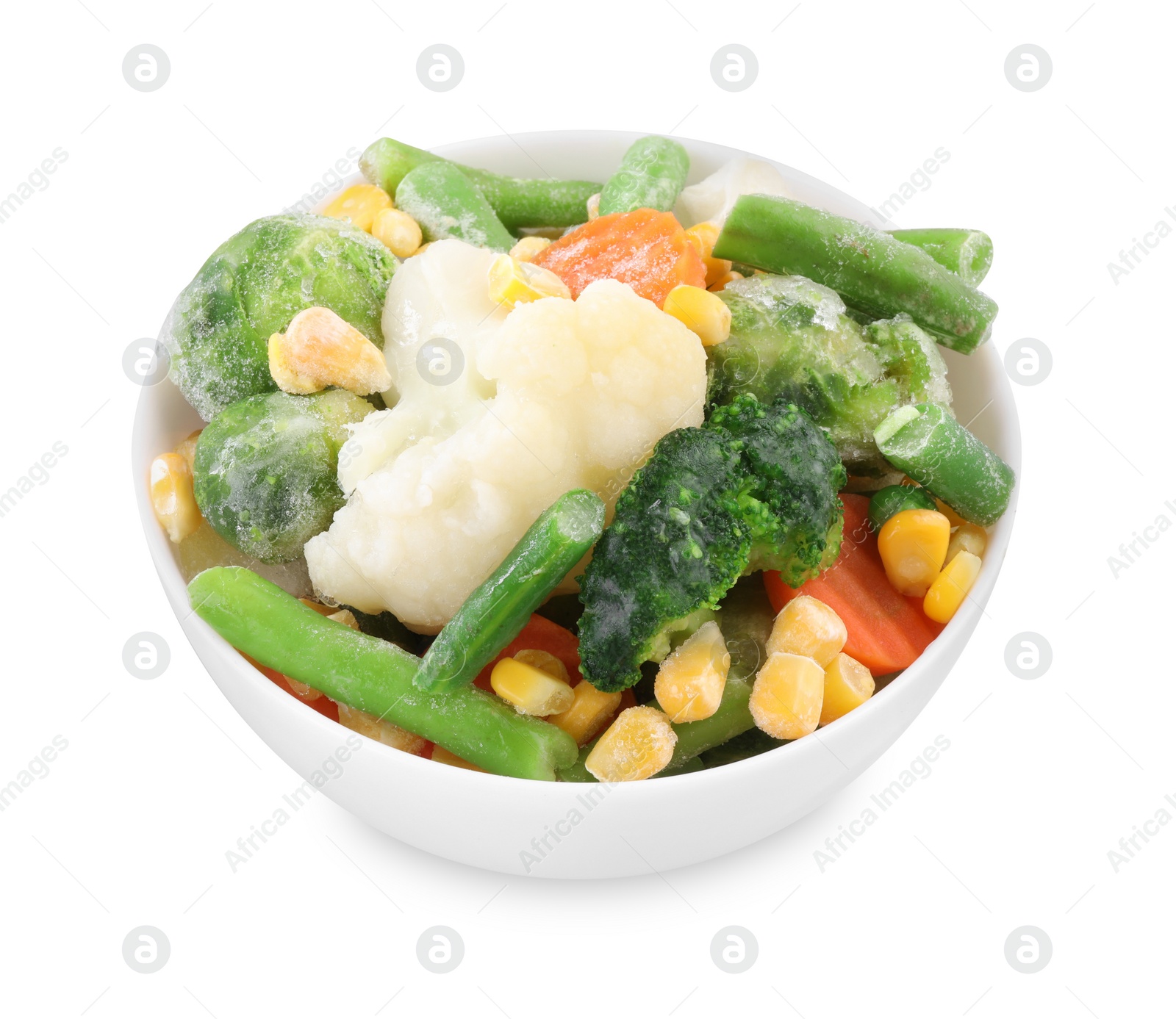 Photo of Mix of different frozen vegetables in bowl isolated on white