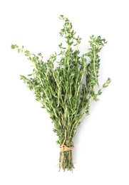 Photo of Bunch of thyme on white background, top view. Fresh herb