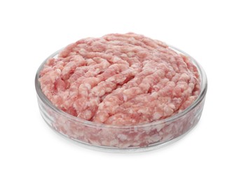 Photo of Petri dish with raw minced cultured meat on white background