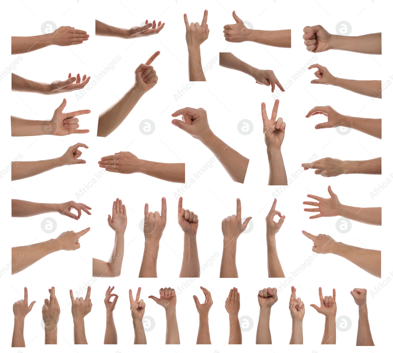 Image of Collage with man showing different gestures on white background, closeup view of hands