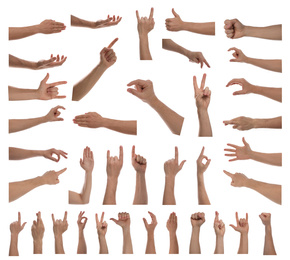 Collage with man showing different gestures on white background, closeup view of hands