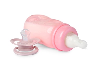 One feeding bottle with milk and pacifier on white background