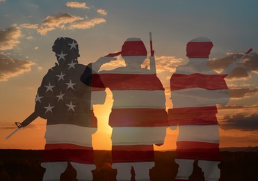 Veterans Day. Military men on sunset outdoors and flag of USA, double exposure