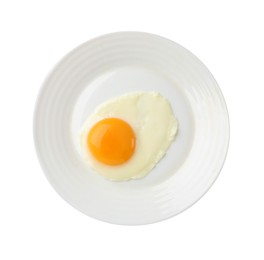 Photo of Plate with tasty fried egg isolated on white, top view