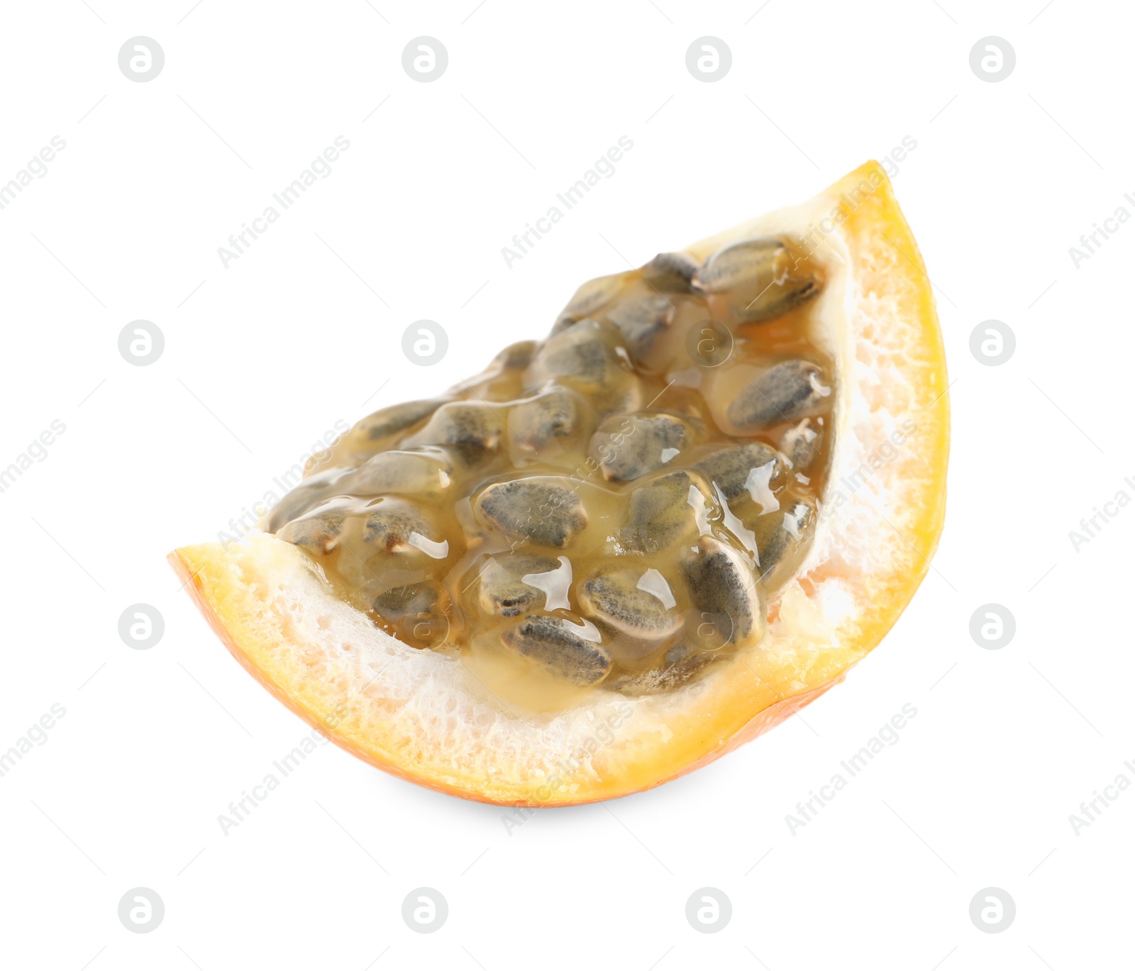 Photo of Piece of delicious ripe granadilla isolated on white