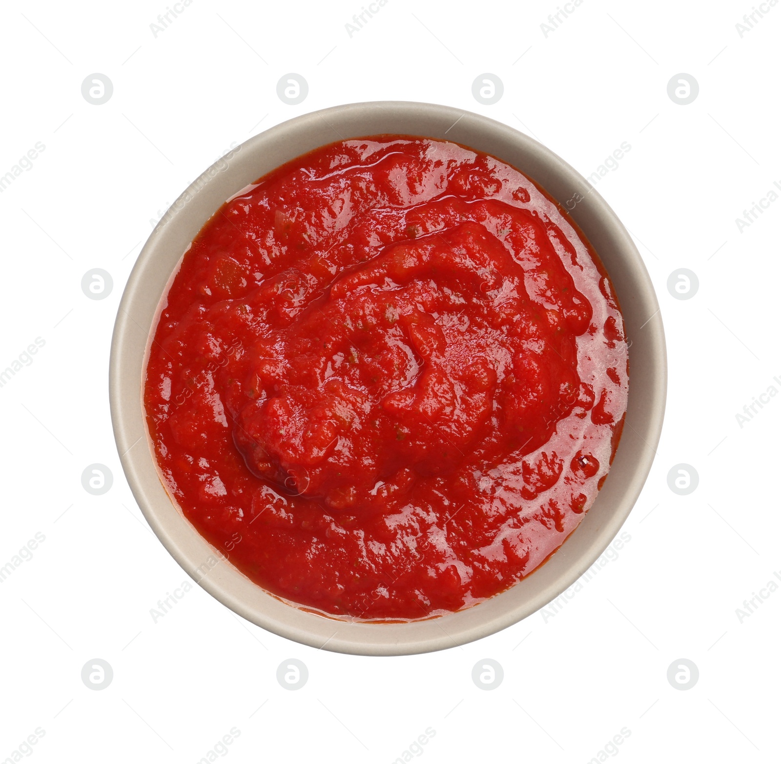 Photo of Homemade tomato sauce in bowl isolated on white, top view