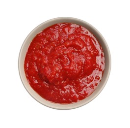 Photo of Homemade tomato sauce in bowl isolated on white, top view