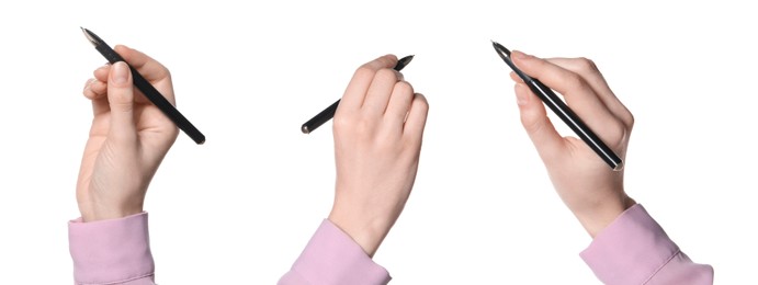 Image of Woman holding pen on white background, closeup. Collage design, different angles