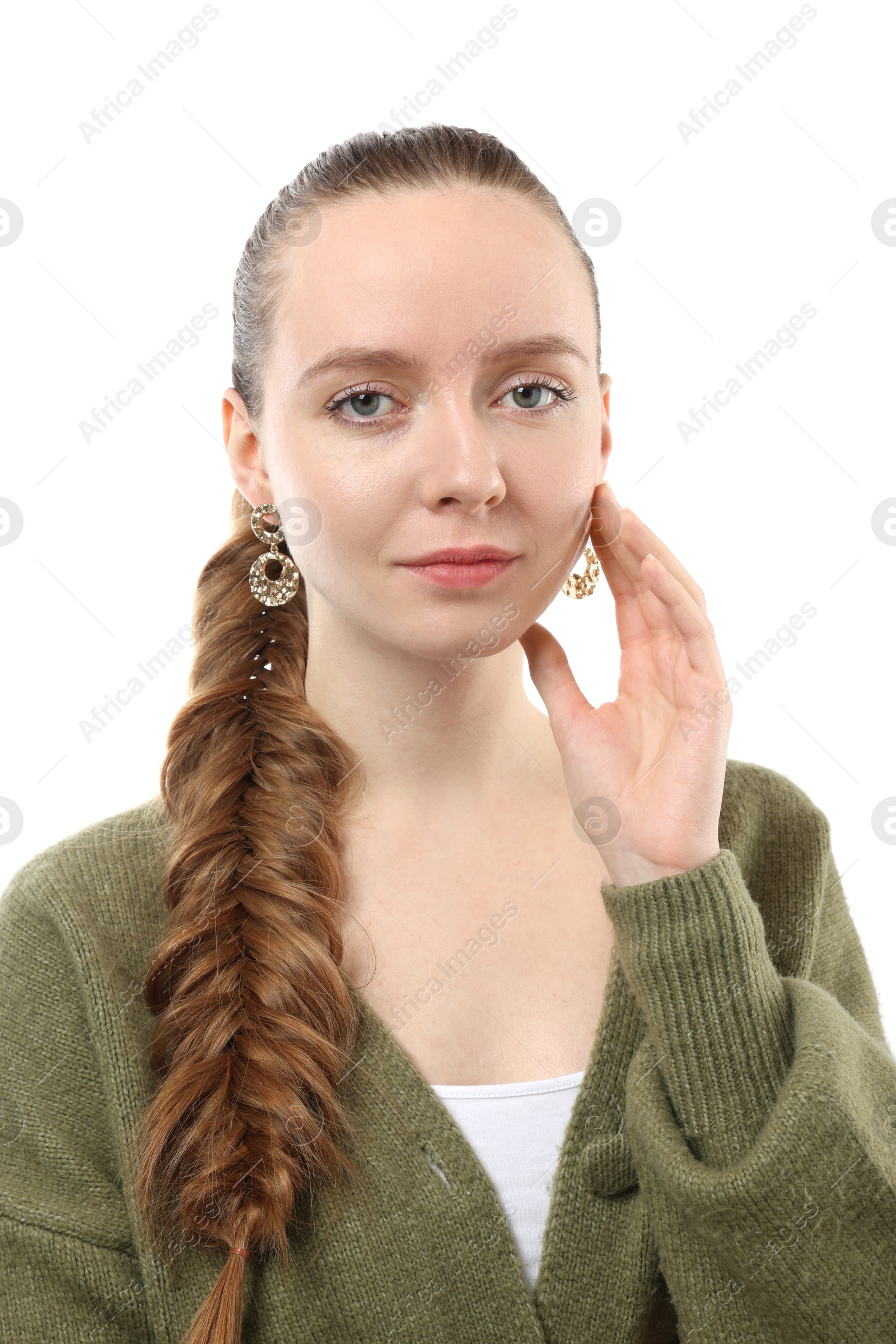 Photo of Woman with braided hair on white background