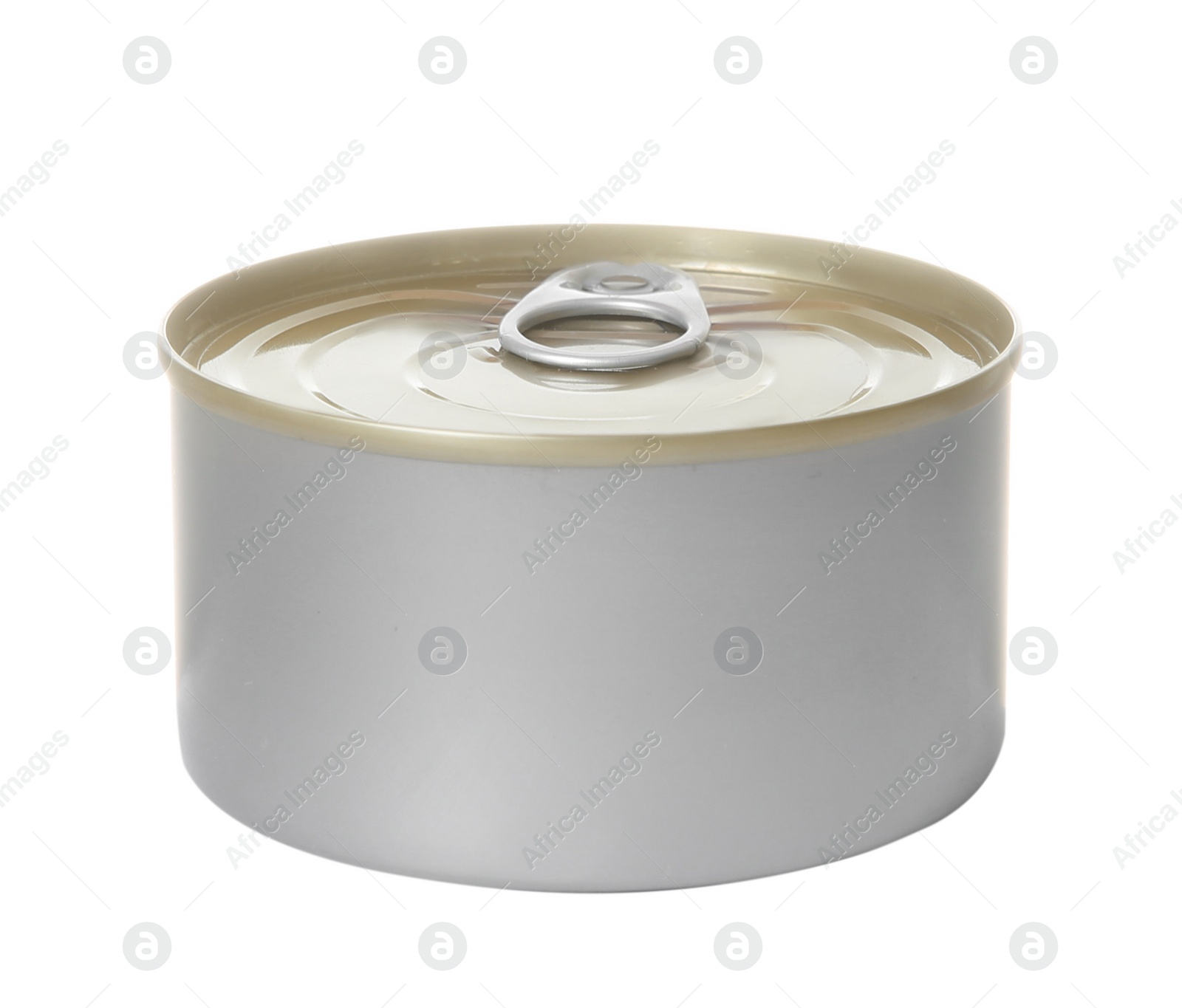 Photo of Closed tin can isolated on white, mockup for design