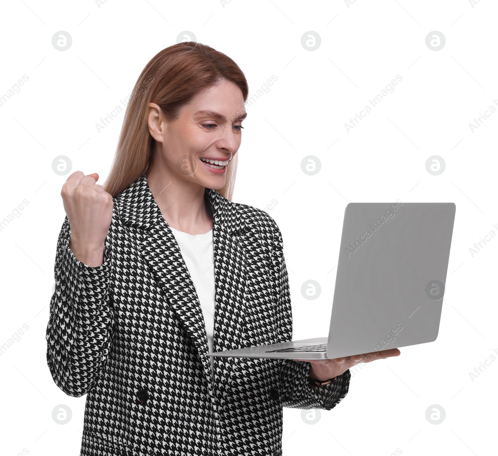 Photo of Beautiful happy businesswoman with laptop on white background