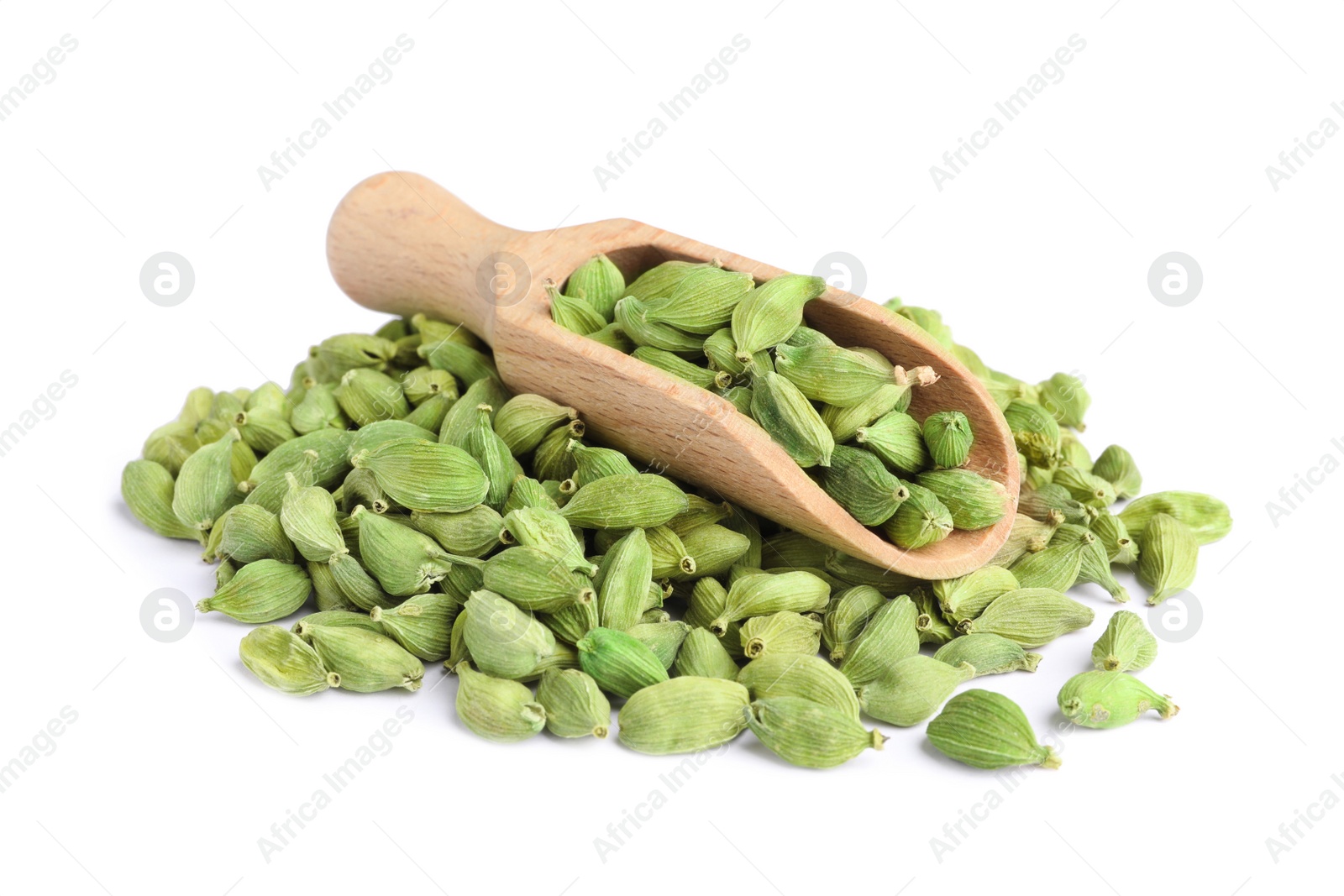 Photo of Wooden scoop with dry cardamom seeds on white background