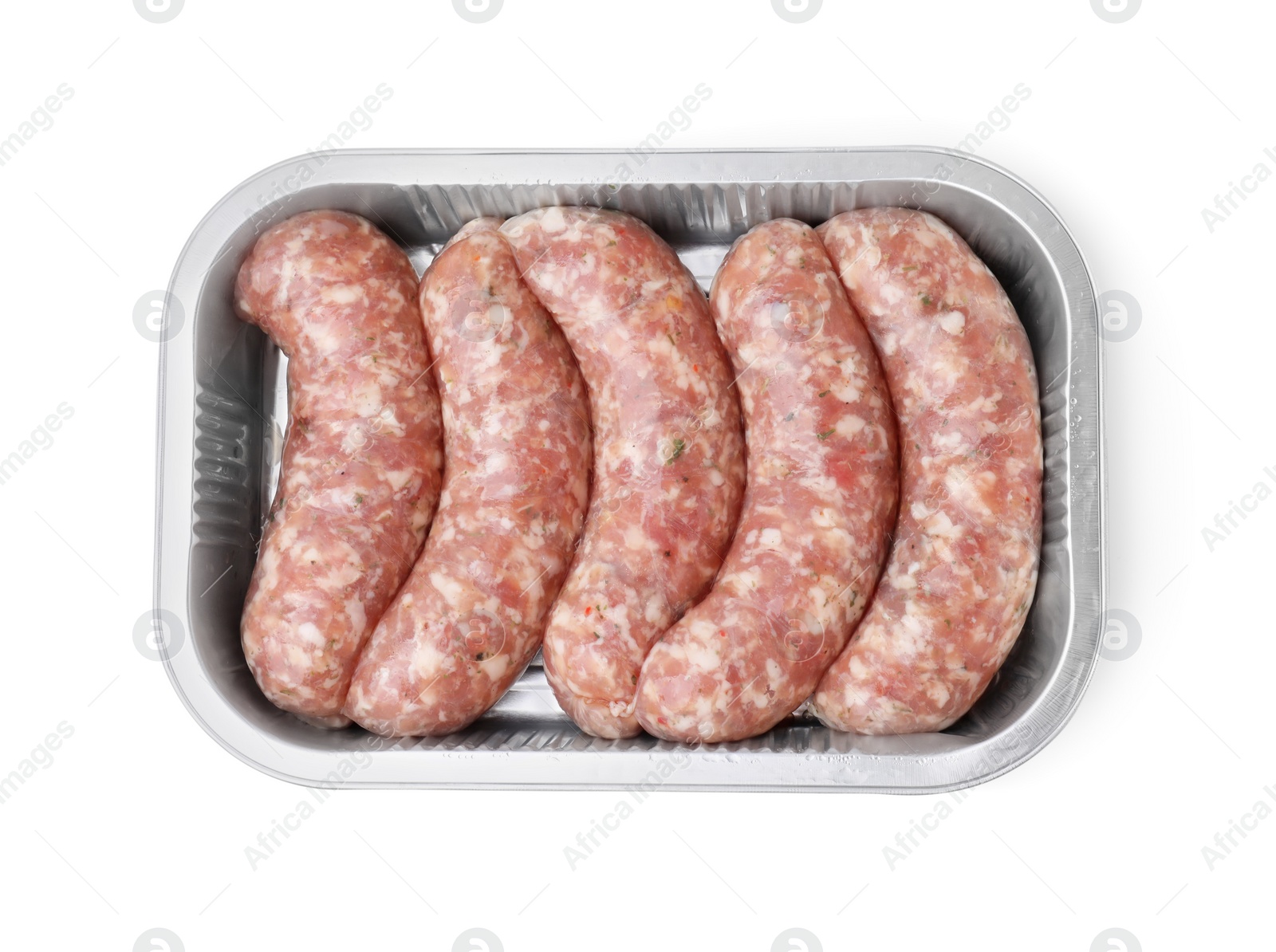 Photo of Container with raw homemade sausages isolated on white, top view