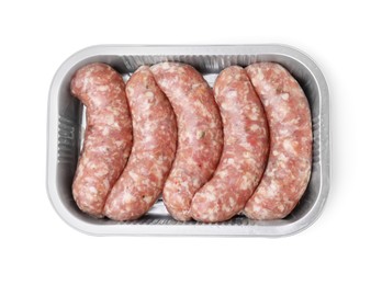 Container with raw homemade sausages isolated on white, top view