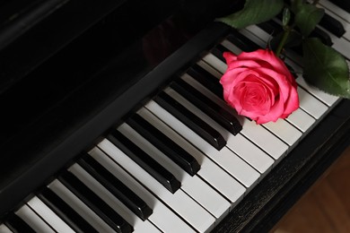 Photo of Beautiful pink rose on piano keys, above view