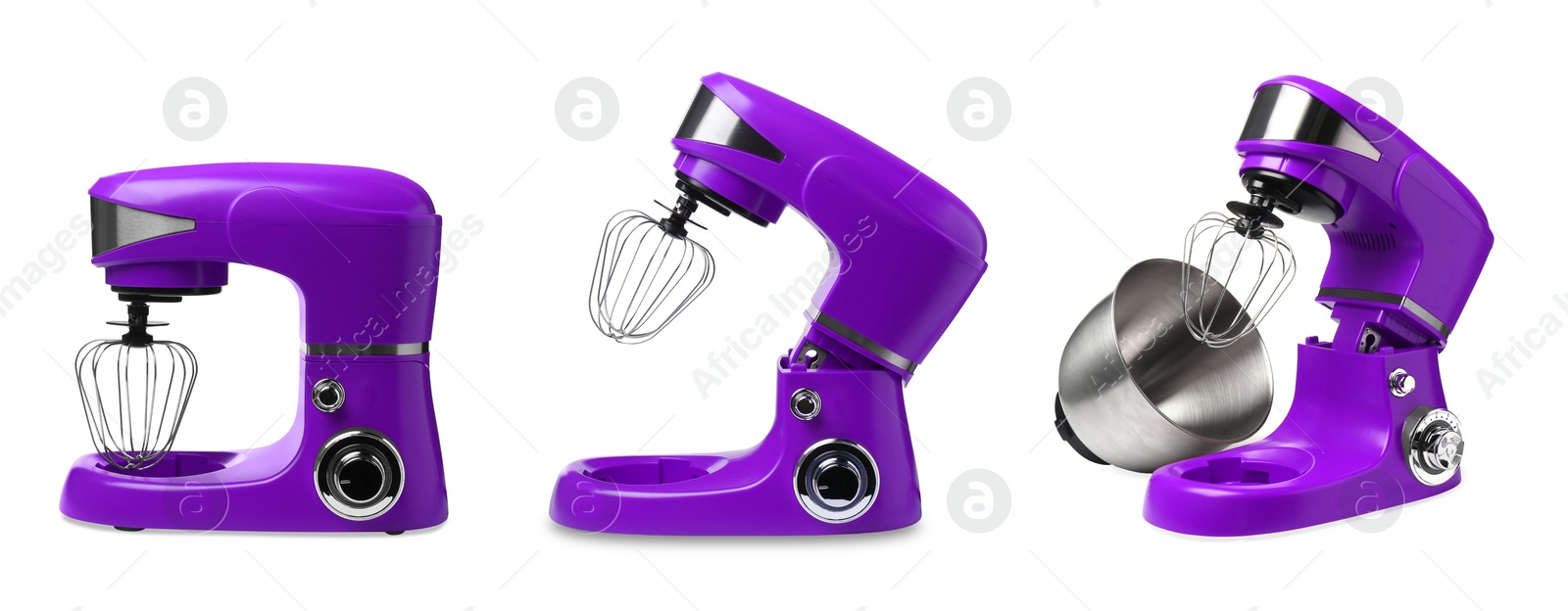 Image of Purple stand mixers isolated on white, set