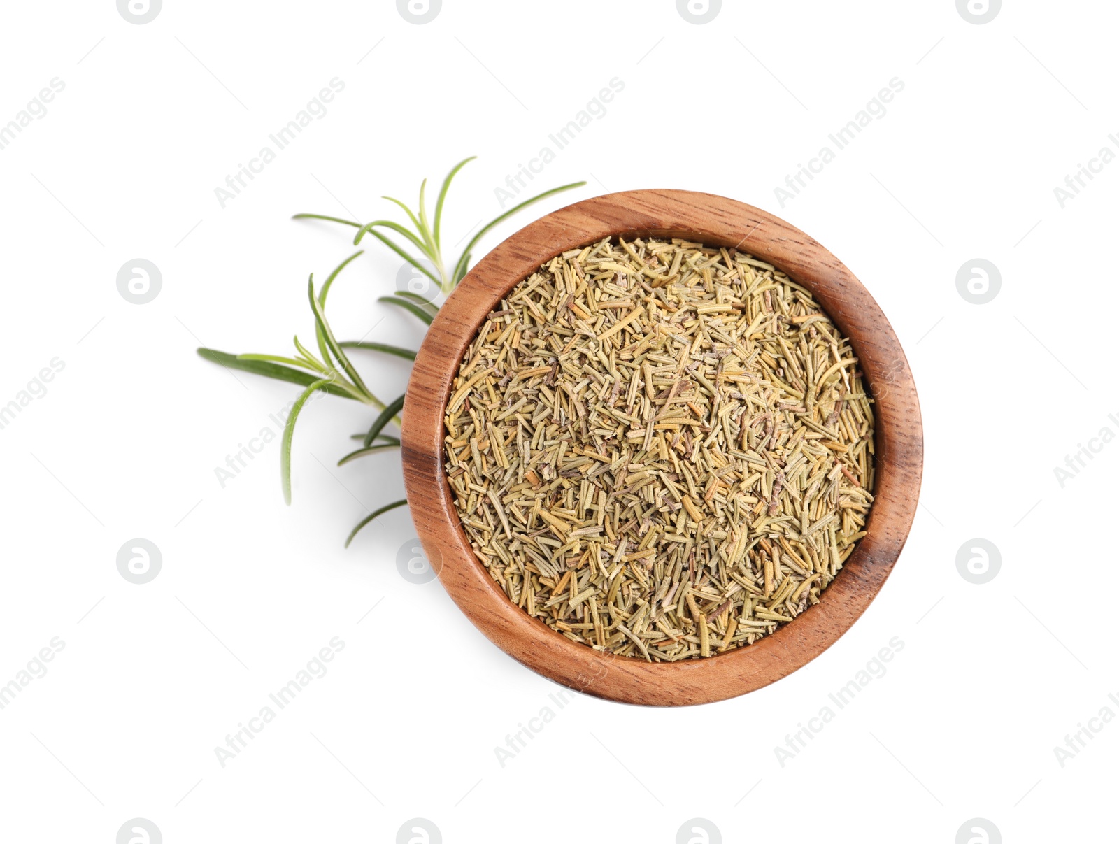 Photo of Bowl with fresh and dry rosemary isolated on white, top view