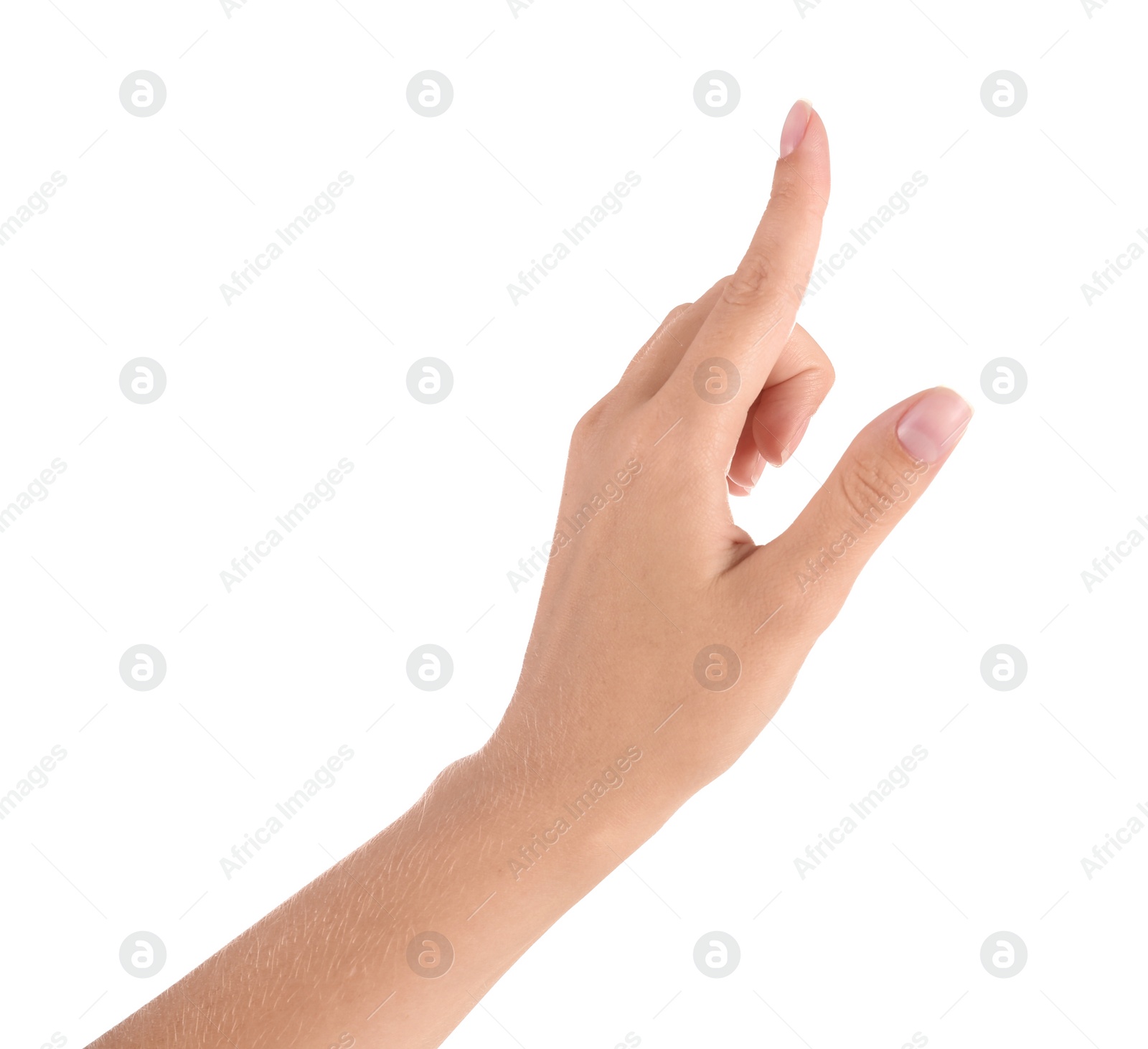 Photo of Abstract young woman's hand on white background