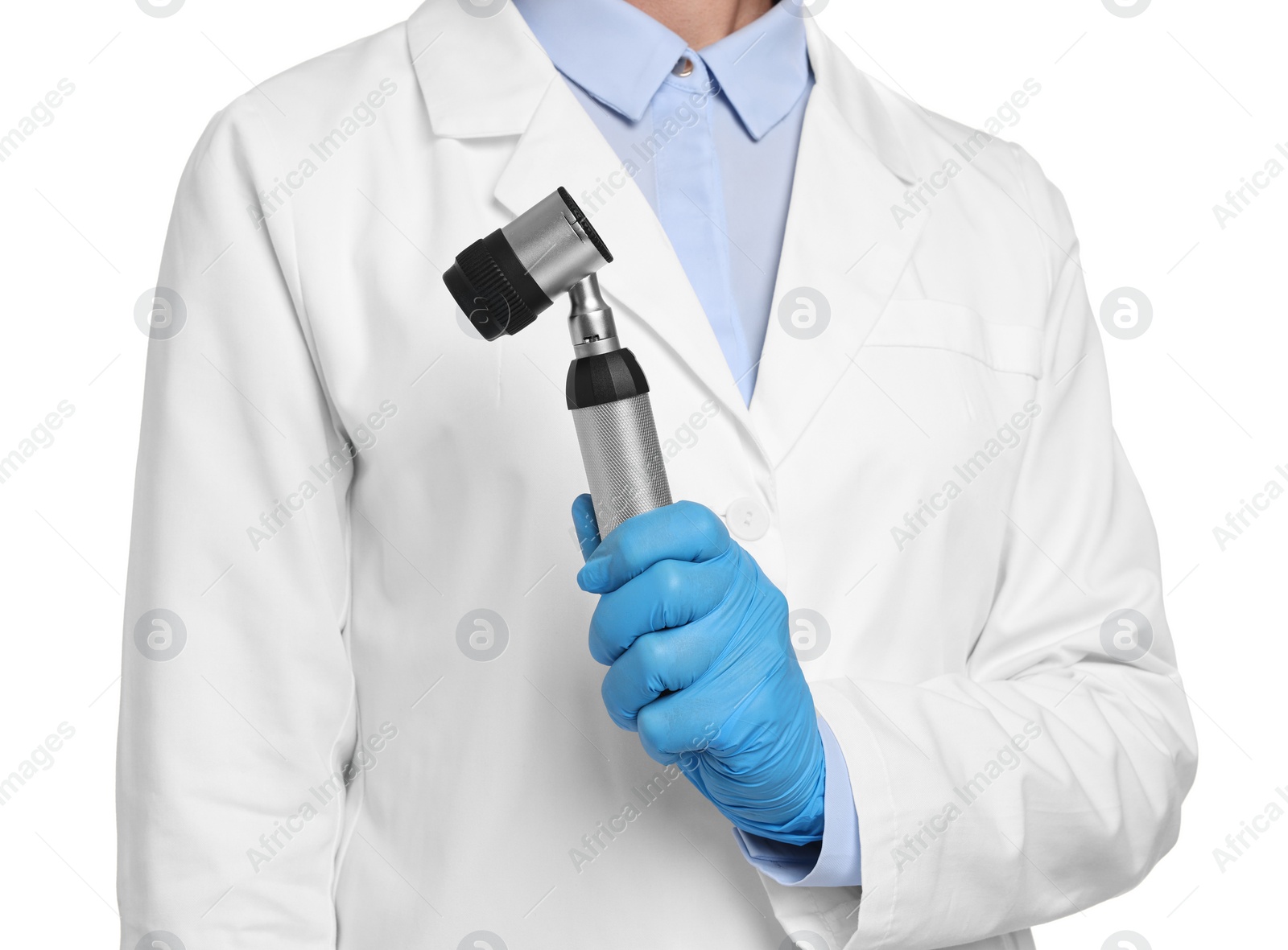 Photo of Dermatologist with dermatoscope isolated on white, closeup