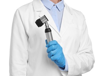 Dermatologist with dermatoscope isolated on white, closeup