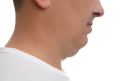 Photo of Mature man with double chin on white background, closeup