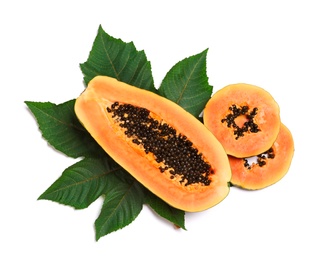 Photo of Fresh juicy cut papaya with leaf on white background, top view