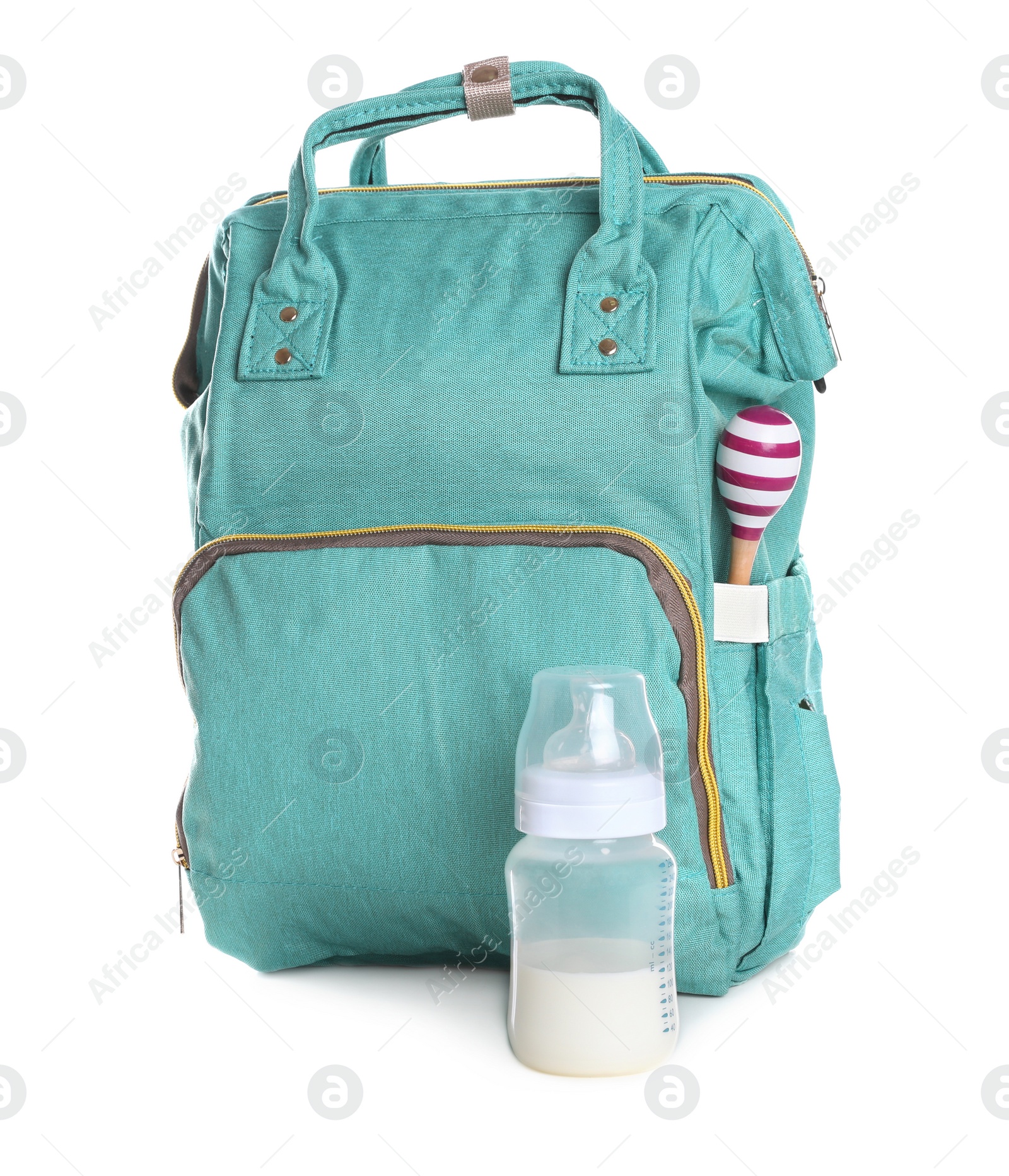 Photo of Maternity backpack with baby accessories on white background