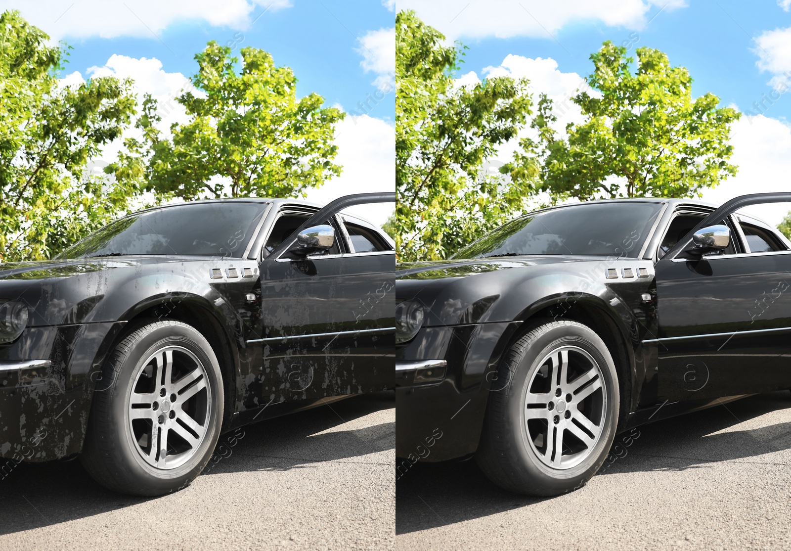 Image of Modern black automobile before and after washing outdoors 