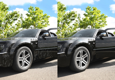 Image of Modern black automobile before and after washing outdoors 