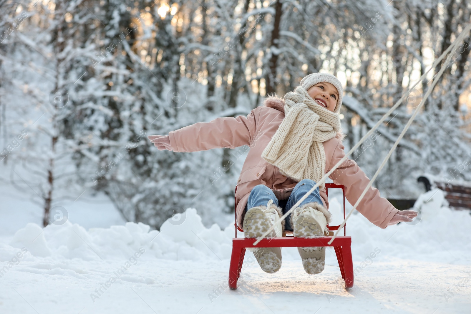 Photo of Cute little girl enjoying sledge ride through snow in winter park
