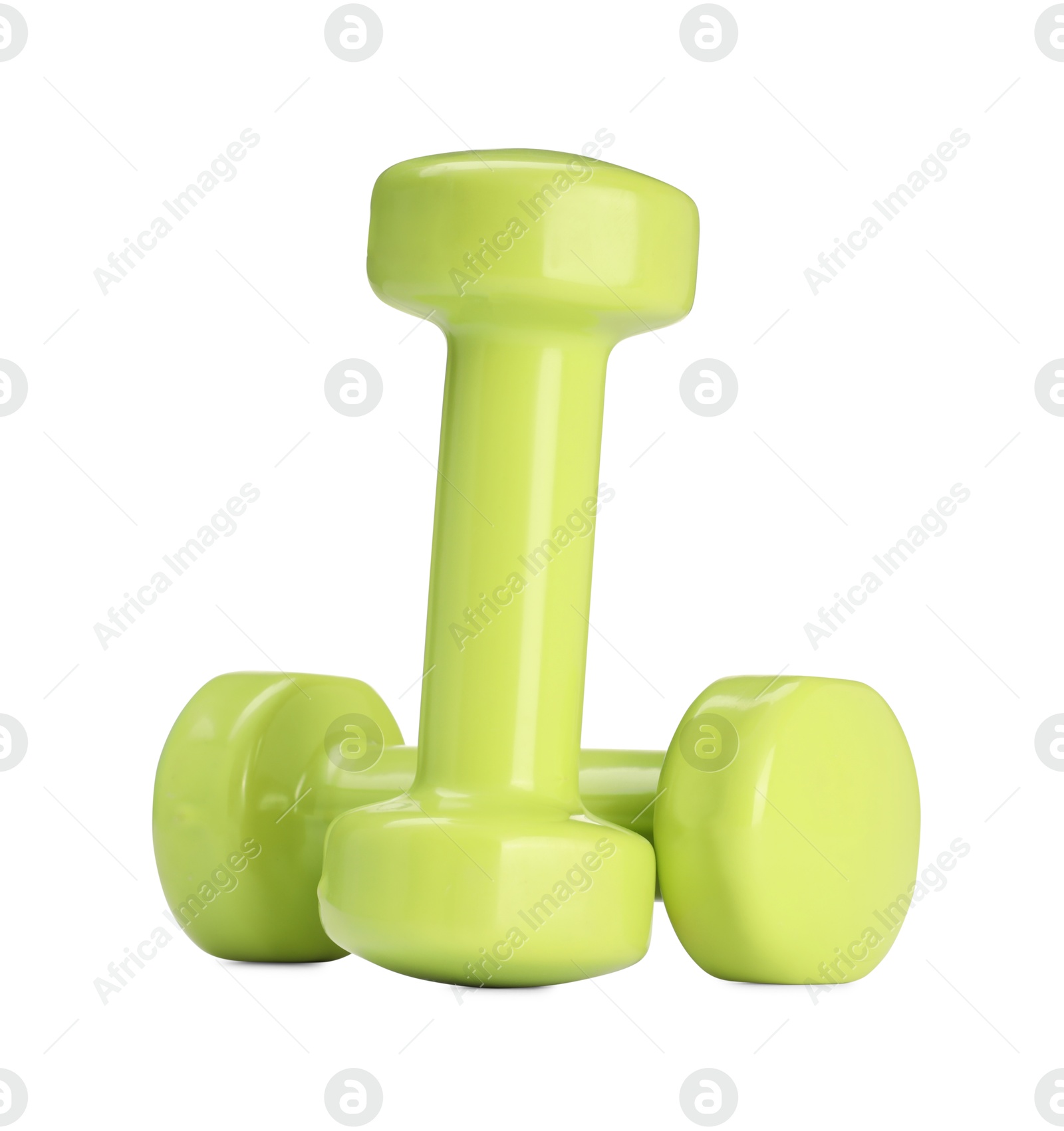 Photo of Light green dumbbells isolated on white. Sports equipment