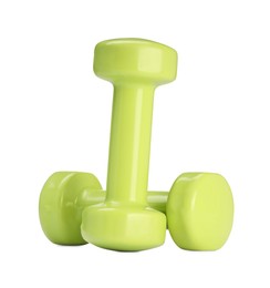 Photo of Light green dumbbells isolated on white. Sports equipment