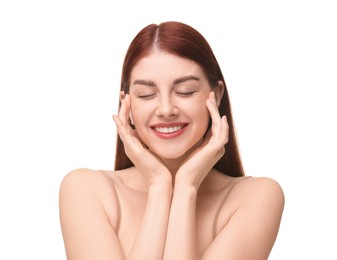 Photo of Portrait of smiling woman on white background