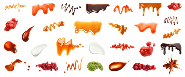 Set with samples of different sauces on white background. Banner design 