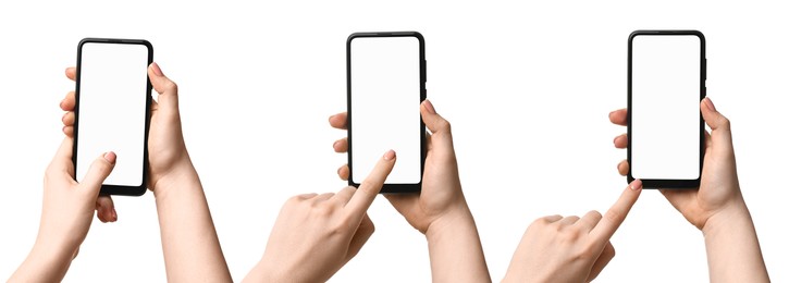 Image of Woman holding phone with blank screen on white background, closeup. Set of photos