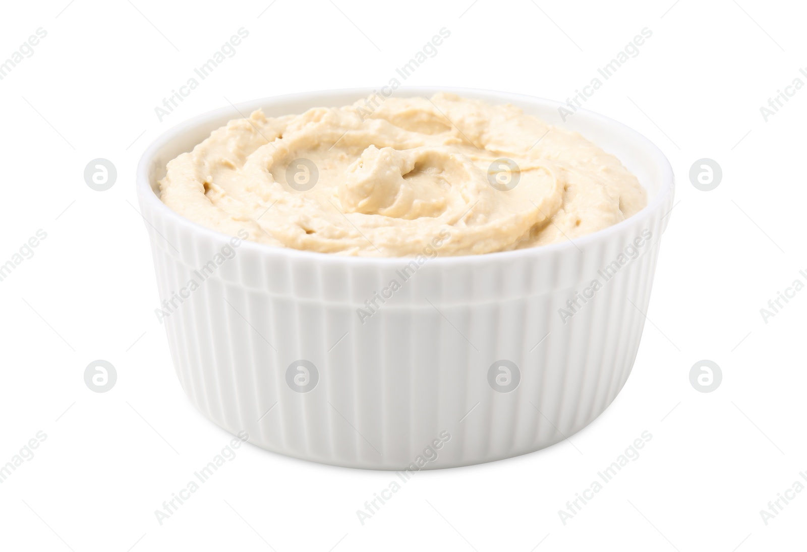 Photo of Bowl of delicious hummus isolated on white