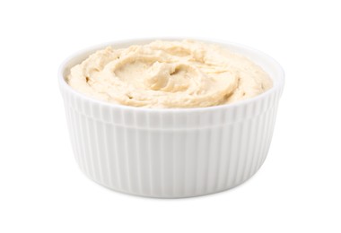 Photo of Bowl of delicious hummus isolated on white