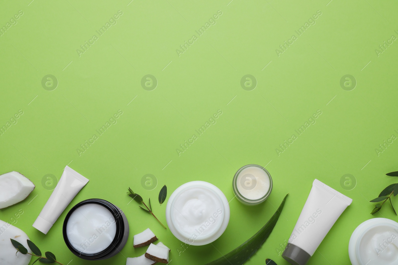 Photo of Body cream and other cosmetic products with ingredients on light green background, flat lay. space for text