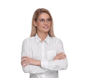 Photo of Portrait of smiling woman in glasses on white background. Lawyer, businesswoman, accountant or manager