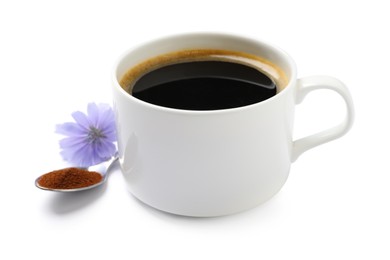 Photo of Cup of delicious chicory drink, powder and flower on white background