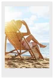 Paper photo. Woman relaxing on deck chair at sandy beach 