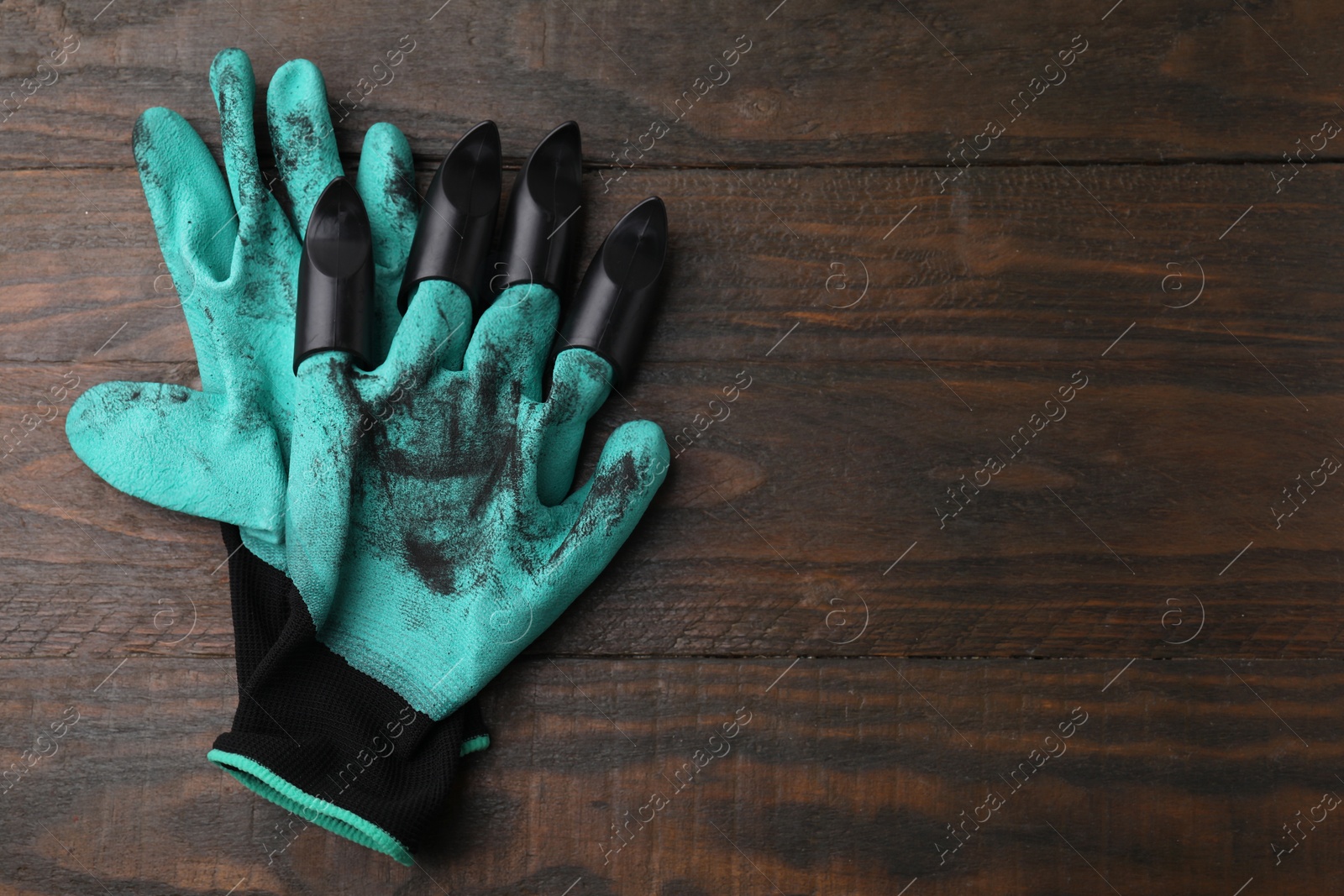 Photo of Pair of claw gardening gloves on wooden table, top view. Space for text