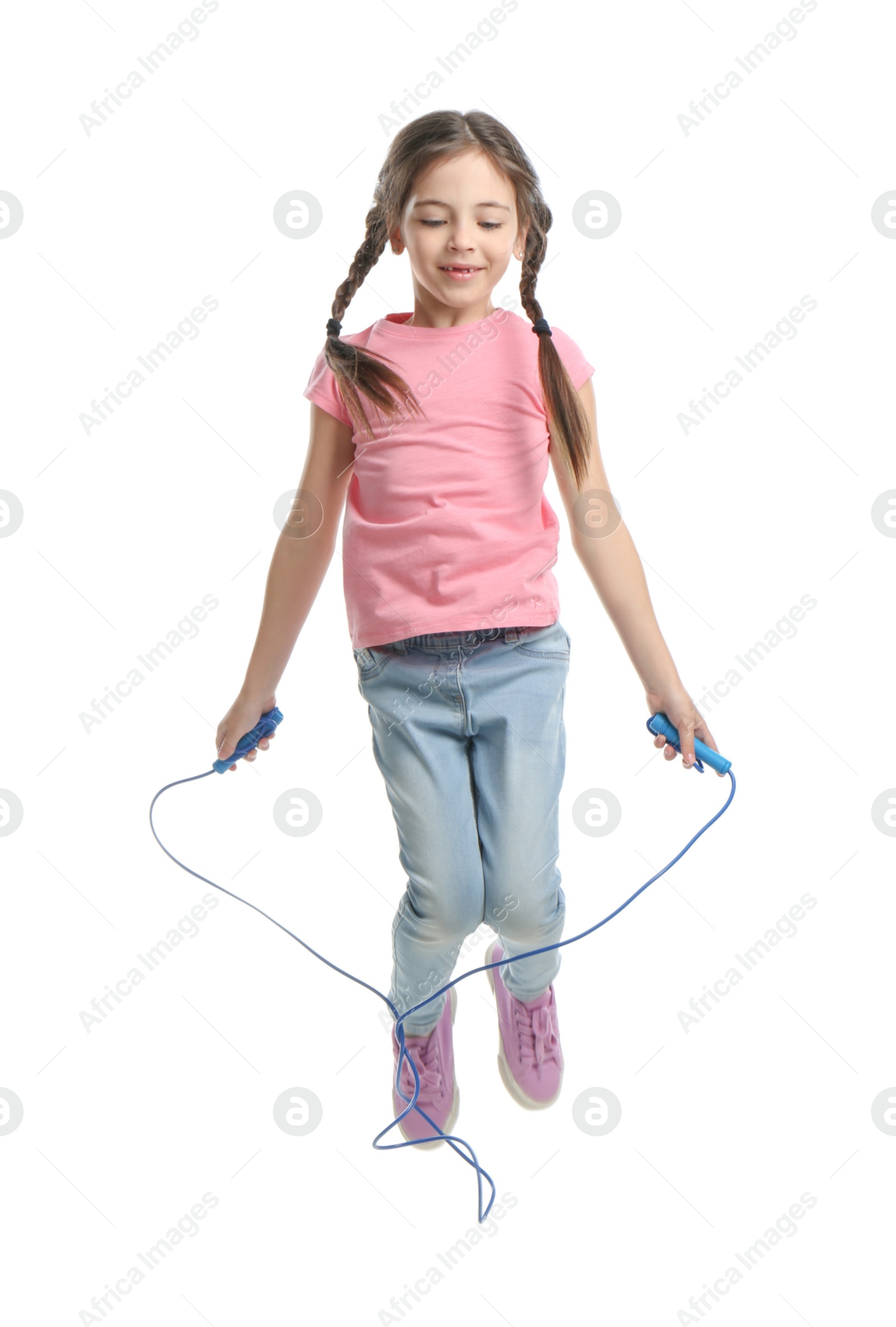 Photo of Cute little girl with jump rope on white background